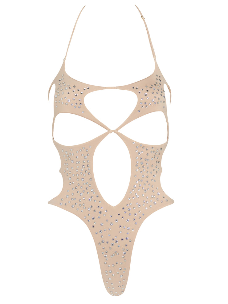 Starlight Cut Out Plain Fabric One Piece with Crystals in front