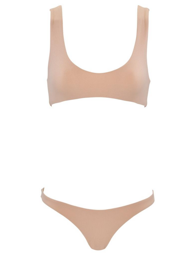 That Sporty Vibe Low Cut Ribbed Swimsuit Sports Bra - NudeRibbed - Designer Two-piece Tops | Monica Hansen Beachwear