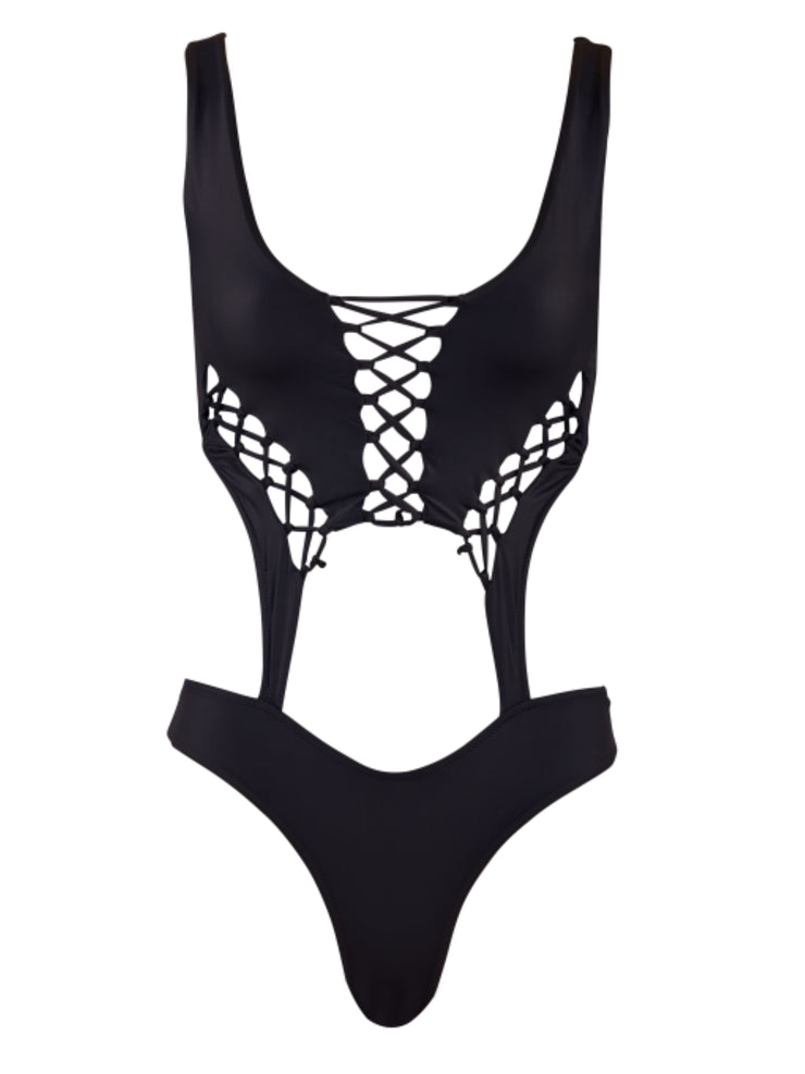 Bohemian Summer Lace Up Monokini Swimsuit - Black - High End Bathing Suit | Monica Hansen Beachwear