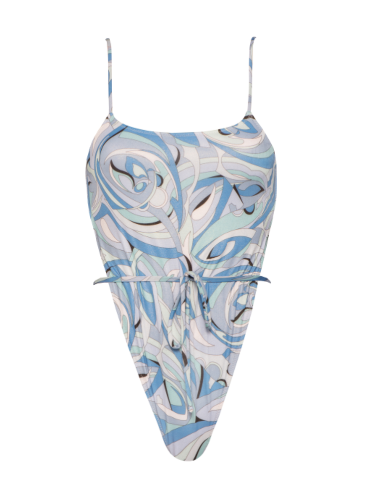 Vintage Chic Blue Abstract Spaghetti Strap One Piece Swimsuit