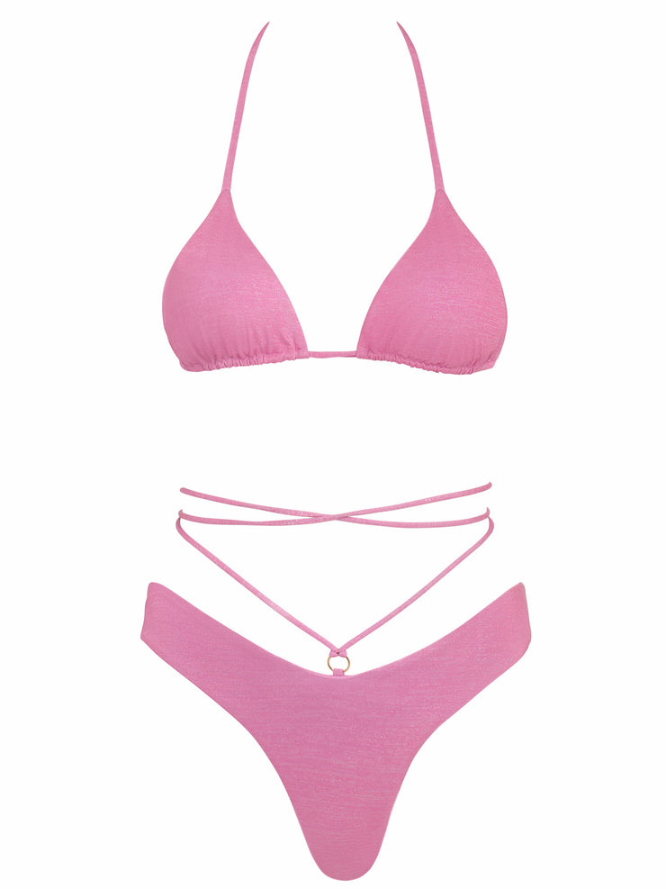 Pink Lurex Bikini Bottom with Thin Criss Cross Straps