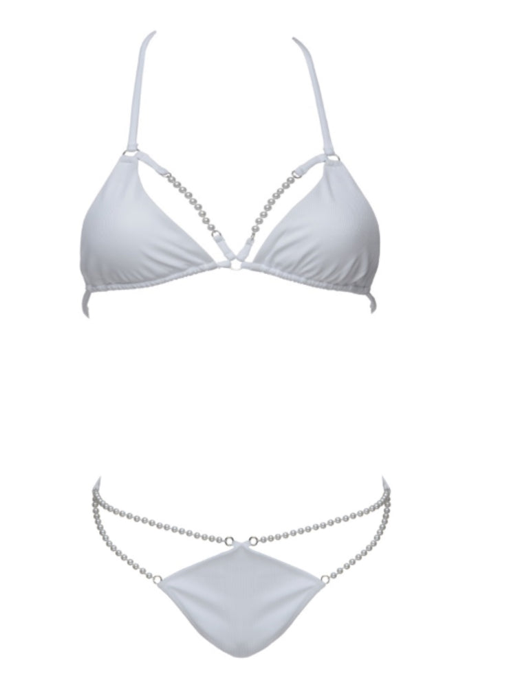 Forever Pearls Ribbed Jeweled Front Bikini Top - WhiteRibbed - Sexy Swimsuit Tops | Monica Hansen Beachwear