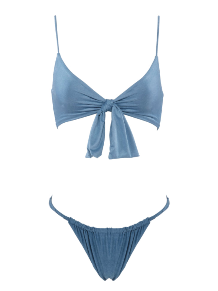 Start Me Up Suede Swimsuit Top With Detachable Front Bow - BlueSuede - High End Bikini Tops | Monica Hansen Beachwear
