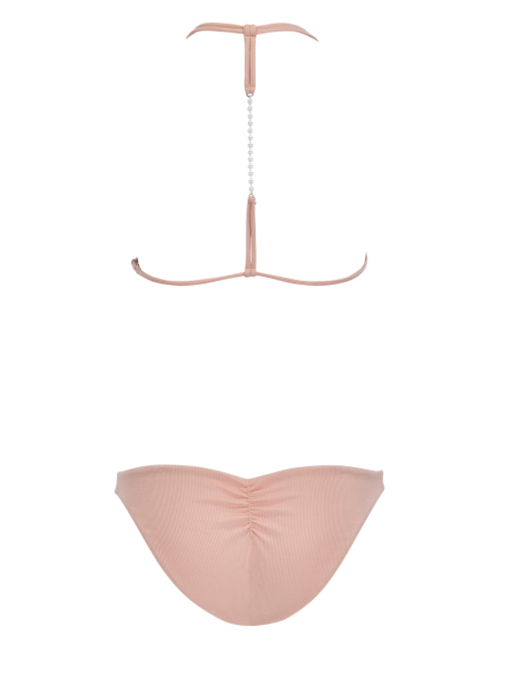 Forever Pearls Nude Ribbed Full Coverage Bikini Bottom - - High Fashion Swimsuit Bottoms | Monica Hansen Beachwear