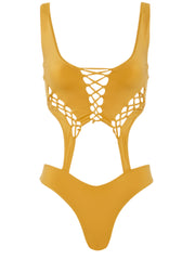 Bohemian Summer Lace Up Monokini Swimsuit - HoneyGold - High Fashion Swimsuits | Monica Hansen Beachwear