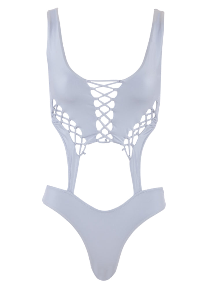 Bohemian Summer Lace Up Monokini Swimsuit - Silver - Designer Swimsuits | Monica Hansen Beachwear