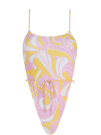 VIntage Chic Pink Yellow Abstract Spaghetti Strap One Piece Swimsuit
