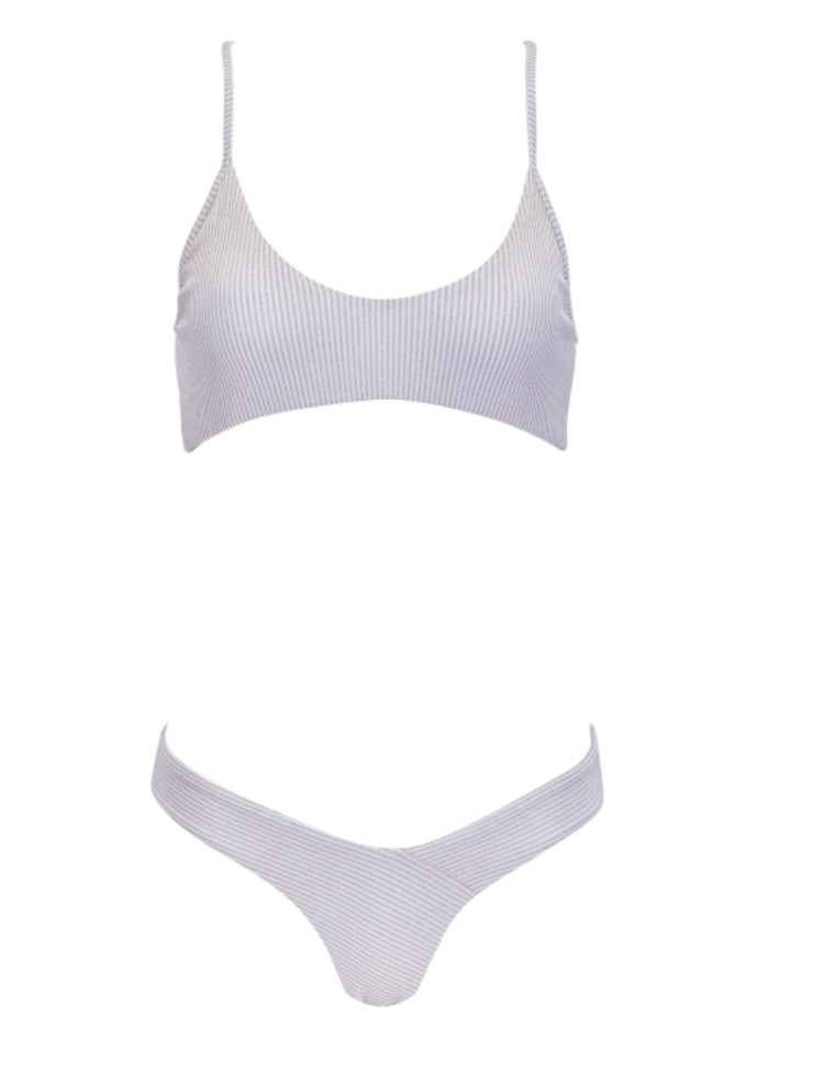 St. Tropez Spaghetti Strap Bikini Sports Bra - WhiteGoldStripe - Designer Bikini Tops | Monica Hansen Beachwear
