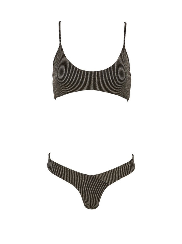 St. Tropez Spaghetti Strap Bikini Sports Bra - BlackGoldStripe - Sexy Bathing Suit Tops | Monica Hansen Beachwear