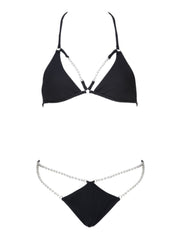 Forever Pearls Ribbed Jeweled Front Bikini Top - BlackRibbed - Designer Bikini Tops | Monica Hansen Beachwear